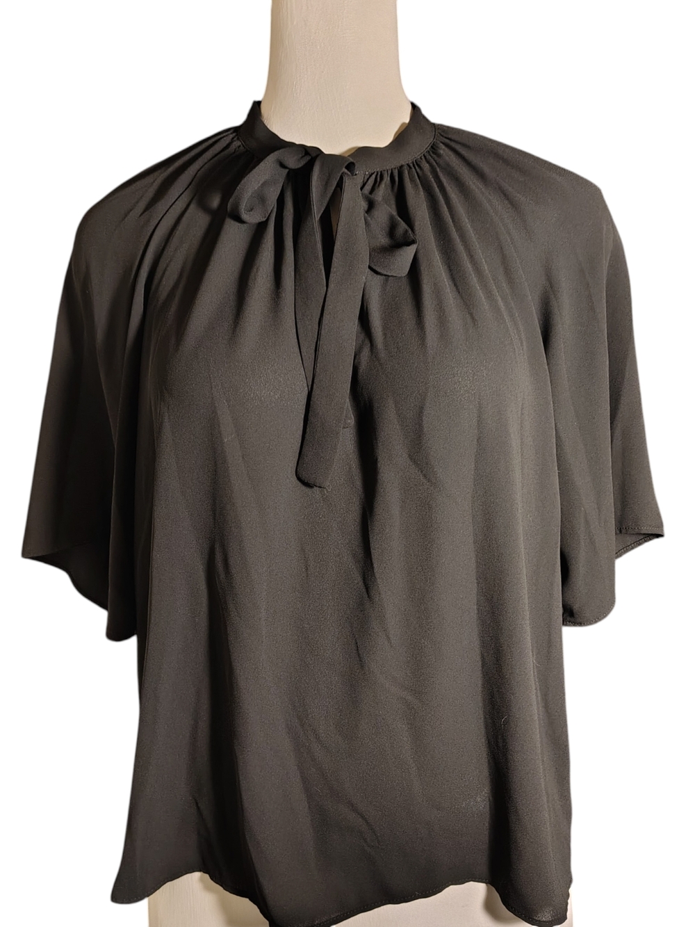 Ann Taylor Black Tie-Neck Flutter Sleeve Blouse